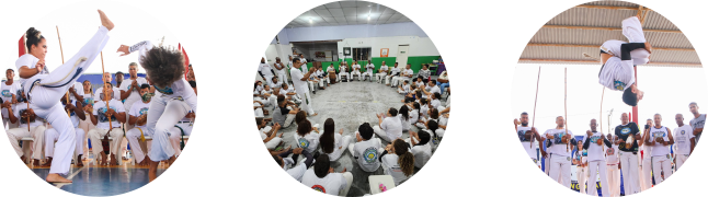 Pictures in three circles. The first is a woman kicking and another woman dodging. The second is a dozens of people gathered in a circle playing music and clapping. The third is a young man doing a back somersault in the air.